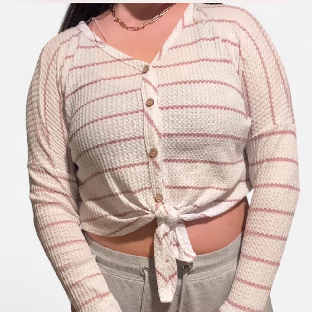 Paper Crane Cream and Pink Tie-Front Cardigan
